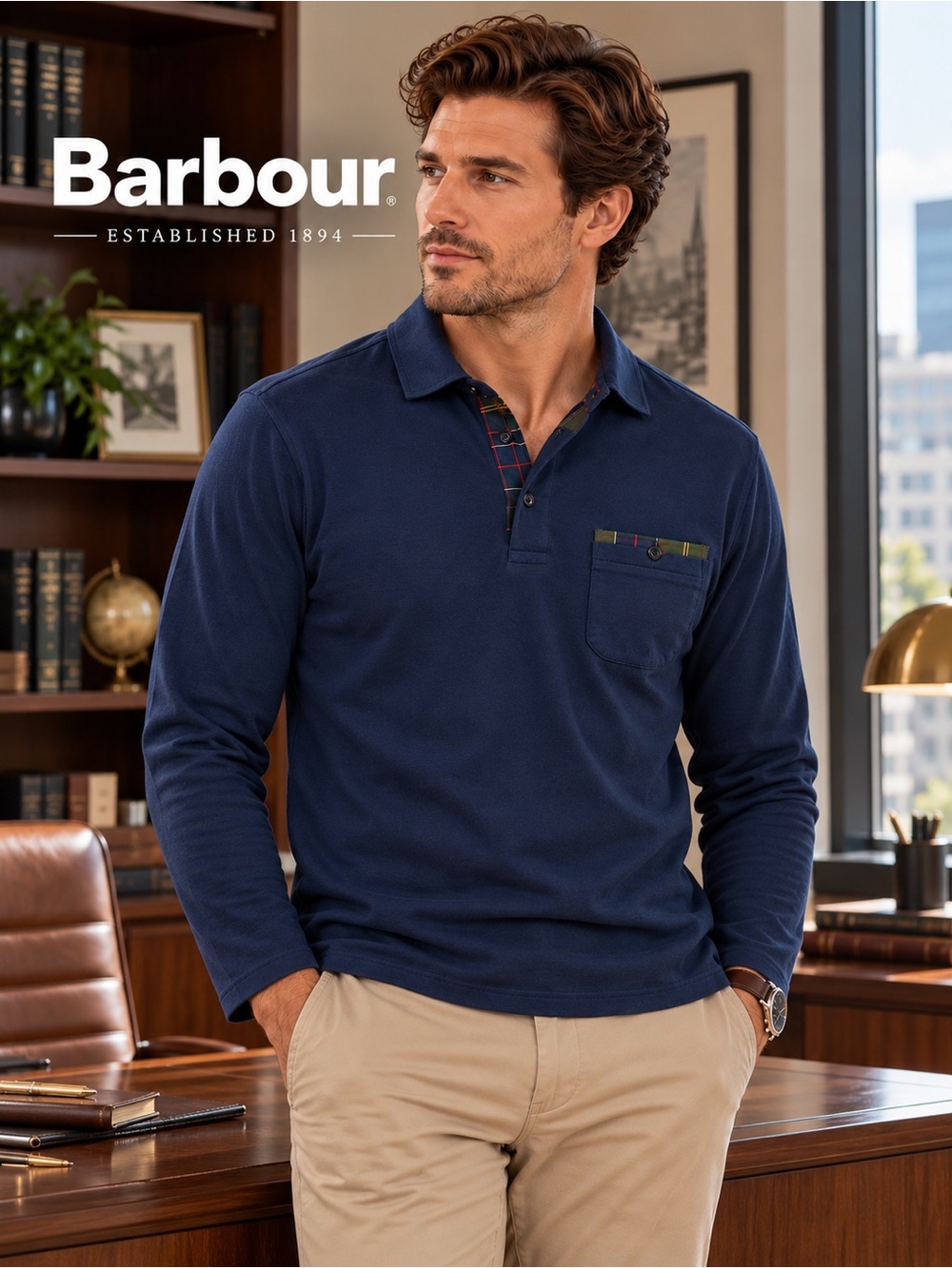 Barbour Corpatch Long Sleeve Polo Shirt Navy Tartan Trim Men’s M NWT